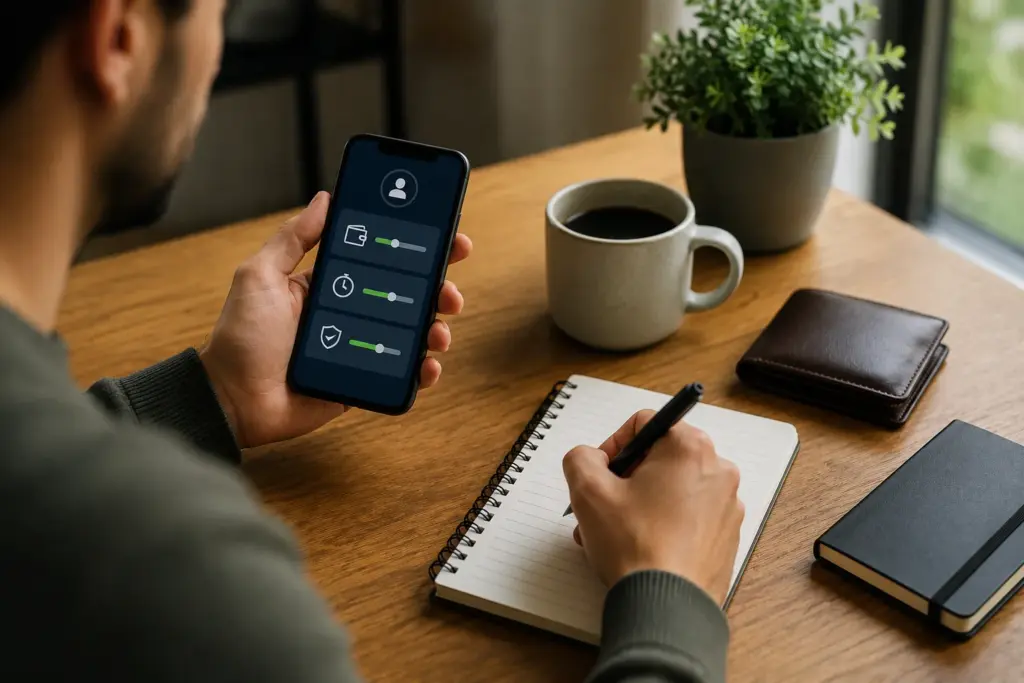Person setting responsible gaming limits on a smartphone while writing in a notebook beside a wallet, coffee cup, and plant.